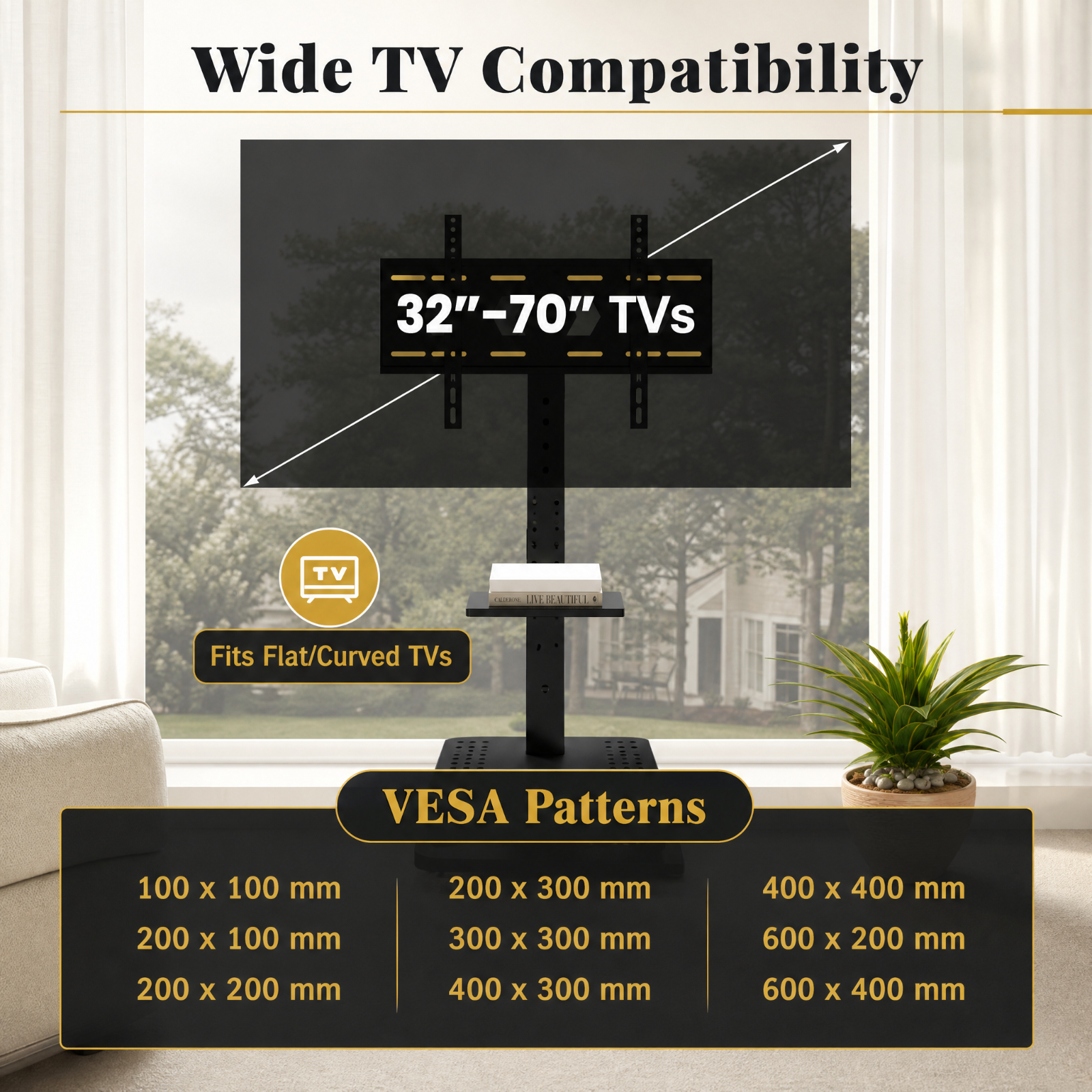 Furnibear Tilt and Height Adjustable Floor TV Stand with Power Outlet and Adjustable AV Shelf for Living Room Bedroom Media Console, Black
