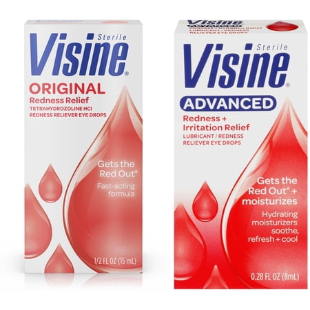 Visine Advanced Relief Lubricant/Redness Reliever & Visine Original Redness Reliever Eye Drops Bundle
