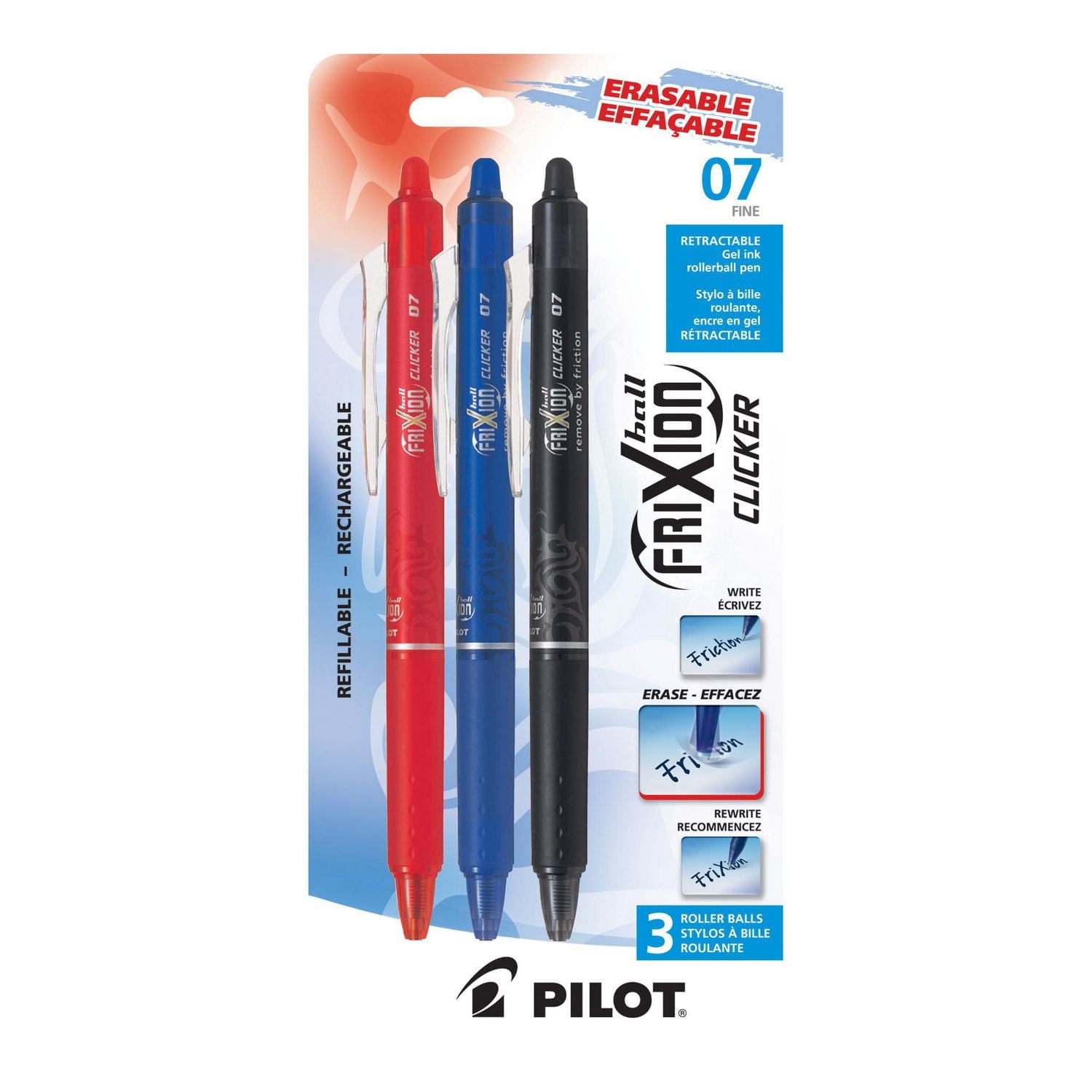 FriXion Ball Clicker Retractable Erasable Gel Pens - Assorted, Fine 0.7mm point, 3-pk