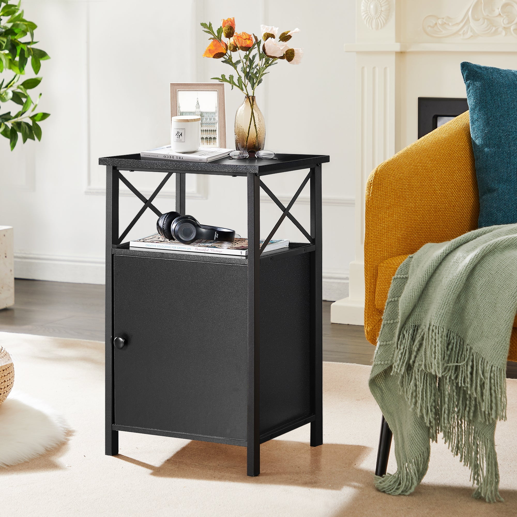VECELO End Table with Storage Cabinet, Bedside Nightstand Sofa Table for Living Room, Bedroom ...