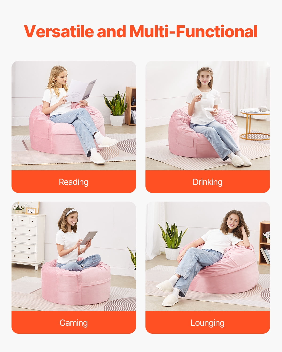 KFFKFF Bean Bag Seat, 3-foot Circular Bean Bag with Detachable and Cleanable Cover, 25D Memory Foam Packed with Gentle and Silky Dutch Velvet, Bean Bag for Sleeping Room or Game Room, Rose