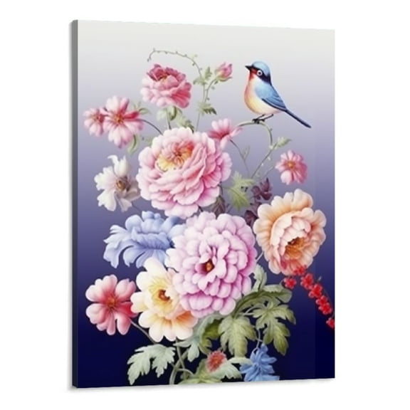 Creowell Peony Canvas Wall Art Flower Bird Butterfly Wall Decor Picture Pink Floral Print Painting Framed Artwork for Bedroom Bathroom Woman Room Decor -16x20 Inch