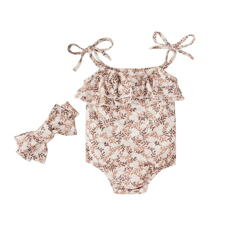 

Fanvereka Baby Girl’s Lace-Up Suspender Romper Sweet Printing Ruffles Stitching Jumpsuits and Headband