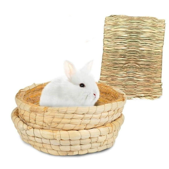Bunny Grass Mat Bed 3 Pieces Rabbit Digging Natural Woven Straw Mats Bedding Guinea Pig Timothy Hay Resting Basket Pet Cage Chewing Toys for Hamster Chinchilla Ferret Gerbil