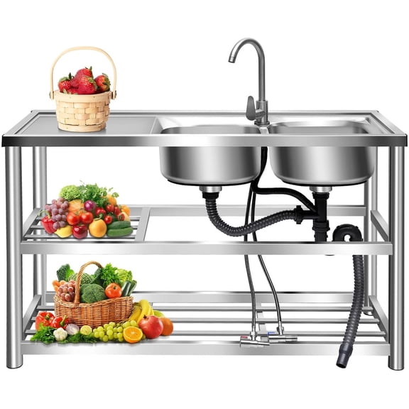 2 Compartment Stainless Steel Commercial Kitchen Utility Sink   Prep Counter Utility Sink Freestanding Stainless Steel Double Bow Kitchen Set Commercial Sinks for Restaurants