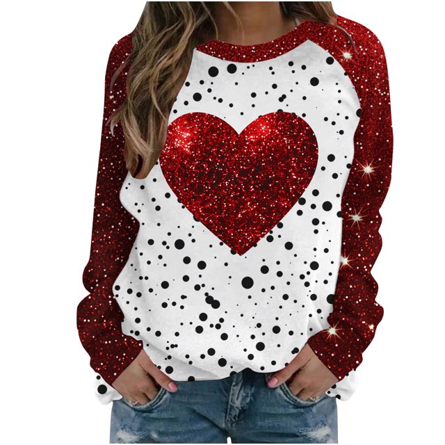 Penkiiy T-Shirt Décontracté à Col Rond pour Femmes, Manches Longues, Mignon, Tendance, Grande Taille, Imprimé Cœur, TG Rouge