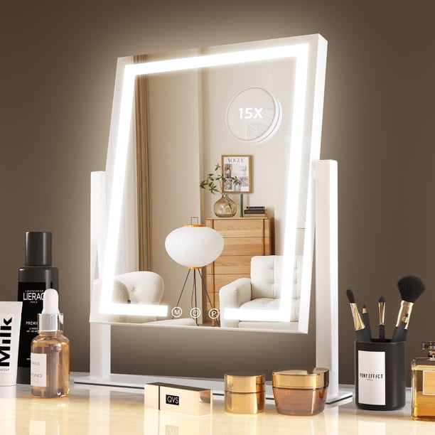 Espejo de maquillaje LuxeVue con luces, 3 modos de color blanco