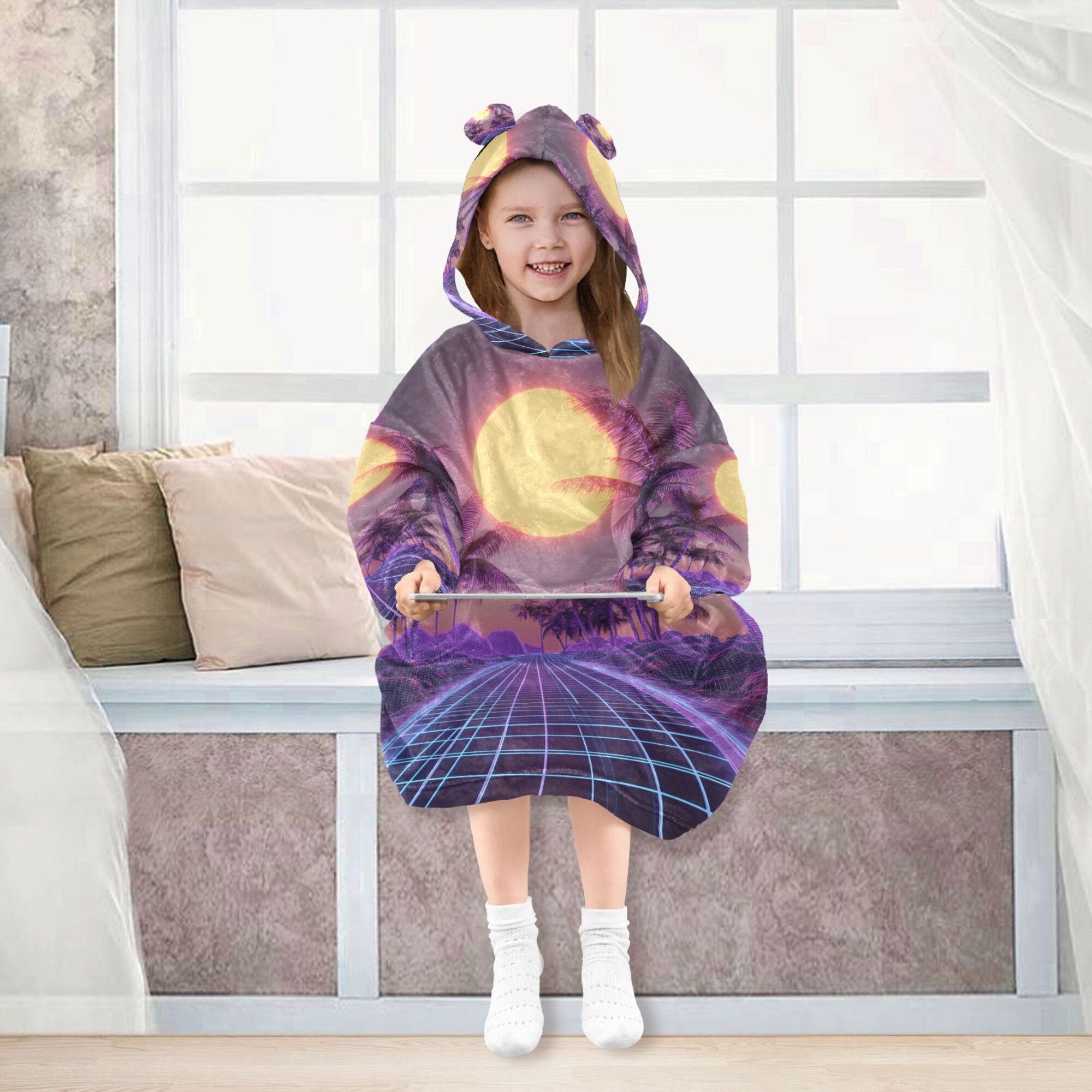 FORMRS Wearable Blanket Hoodie with Sleeves for Kids Cozy Flannel Sweatshirt, Night Purple Road