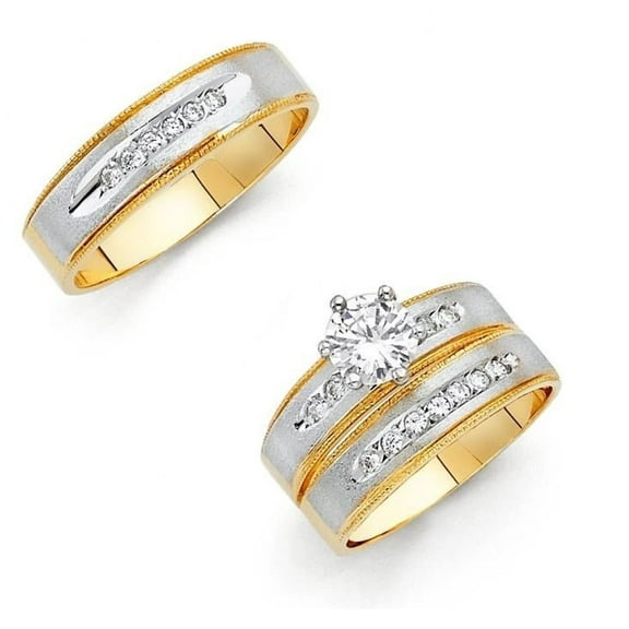 14k Two Tone Gold 1.45 ct CZ Satin & Milgrain Wedding Ring Trio Set His & Hers