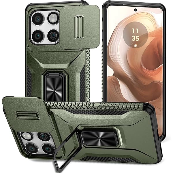 wonima11 for Motorola Edge 2025 Case, Moto Edge 2025 Phone Case with Ring Holder Kickstand, Built in Slide Camera Lens Cover, Military-Grade Drop Heavy Duty Shockproof Rugged Protective Cover, Green
