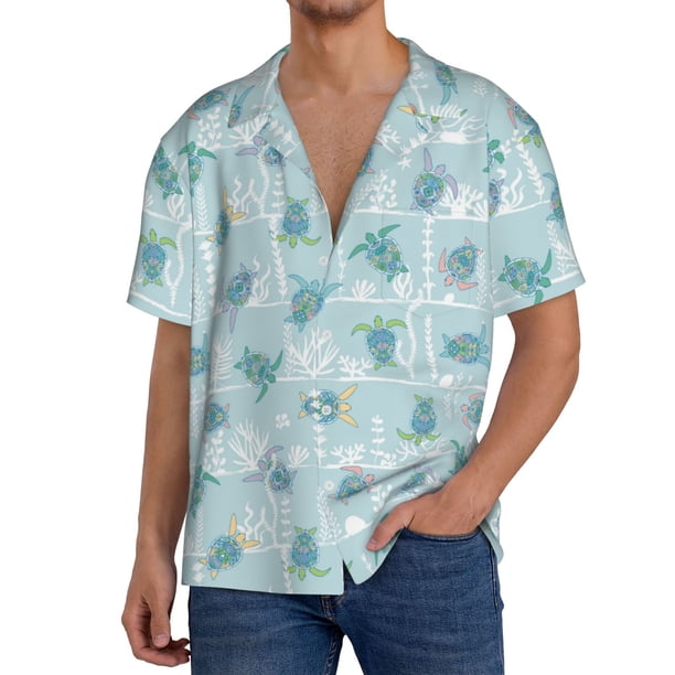 Fotbe Sea Turtle Camisa Estampada de Manga Corta para Hombre, Casual de Verano, Estilo Playero, Sin Arrugas-Medium