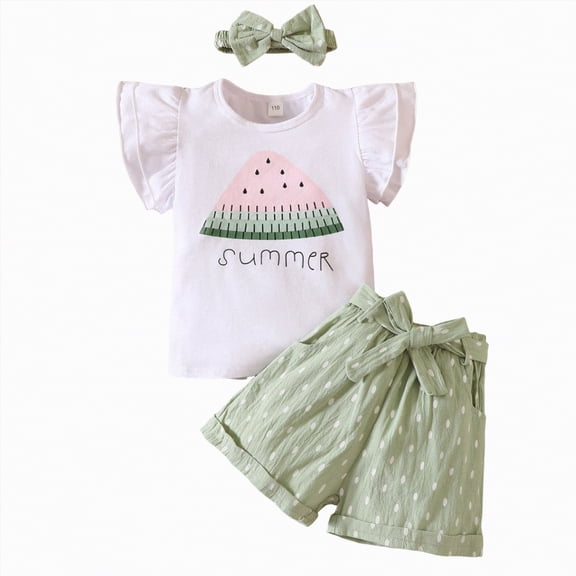 mgoYE Toddler Baby Girls Clothes Watermelon T-shirt Linen Shorts with Belt Cute Summer Short Set(Green,2-3 Years)