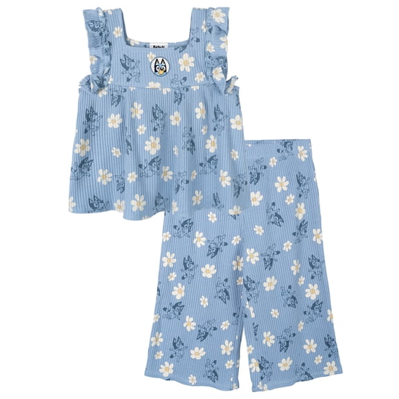 Bluey Floral Square Neck Ribbed Tank Top and Capri Pants Outfit Set Toddler to Big Kid