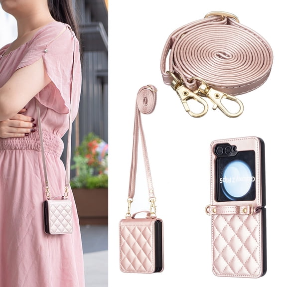 Designed for Samsung Galaxy Z Flip 6, Stylish Premium PU Leather Cover with Hand Strap & Detachable Long Strap, Thin Fit Lightgweight Non-Slip Girls Women Phone Cover - Rosegold