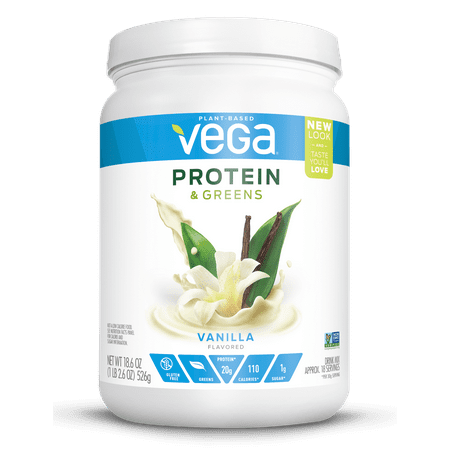 Vega Plant Protein & Greens Powder, Vanilla, 20g Protein, 1.2lb, (Best Clean Protein Powder)