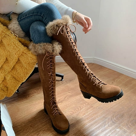 

Aueoeo Boots For Women Women Boots Autumn And Winter Rabbit Women S Boots Cross Lace Mid-Heel Side Zipper High Boots Cotton Boots Comfortable Shoes For Women
