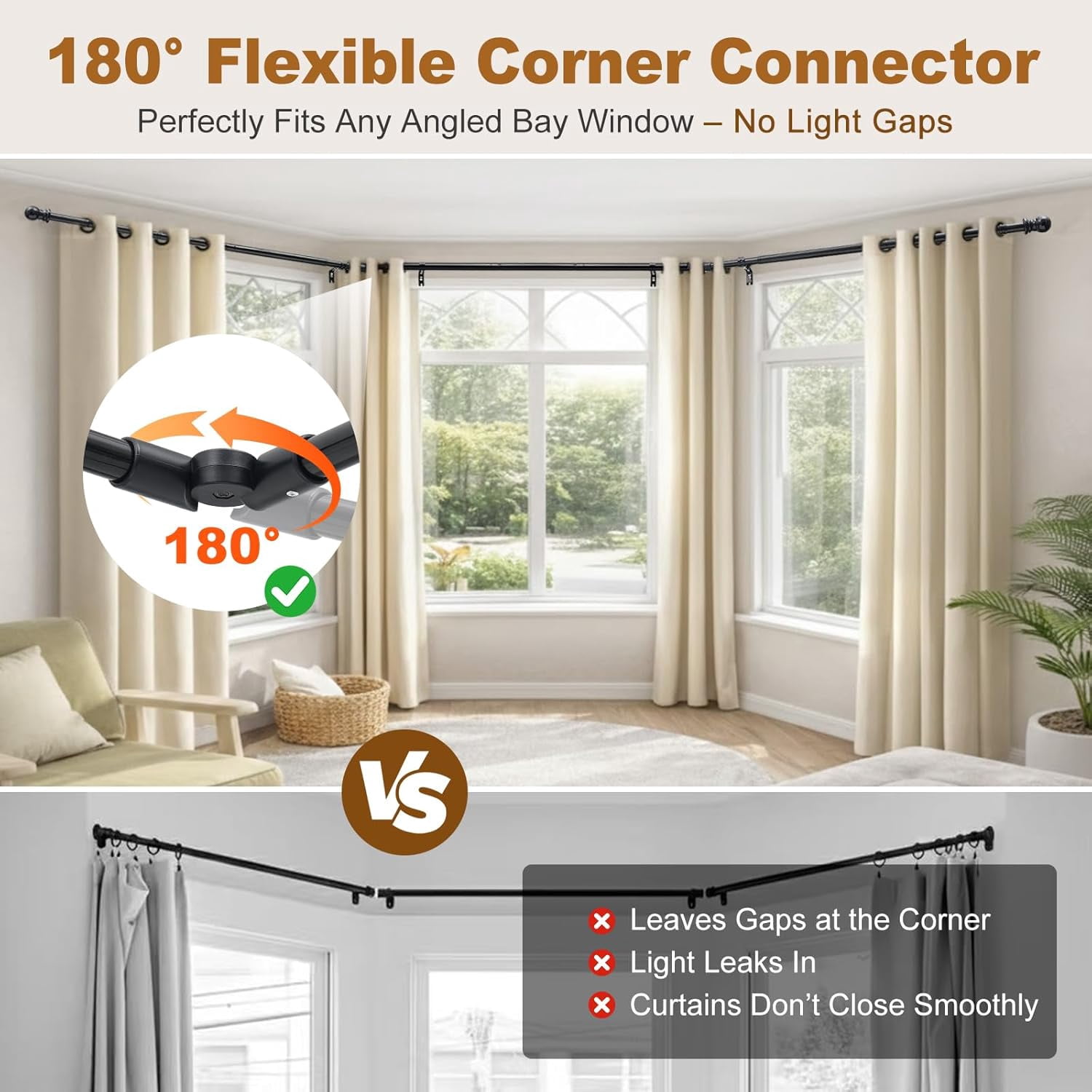 Bay Window Curtain Rods, 36-160" Heavy Duty Corner Curtain Rod, Adjustable DIY Design for Center and Side Rods,U-Shape 1 inch Drapery Rod Set with Brackets for Windows - Black