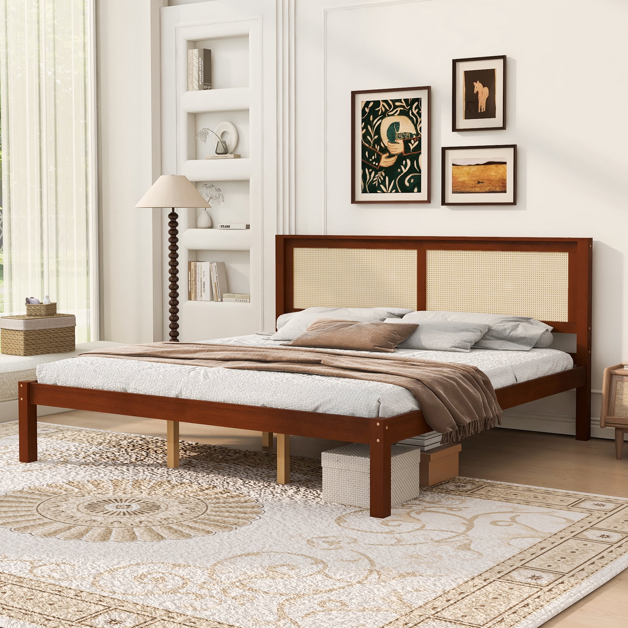 King Bed Frame with Rattan Headboard, Solid Wood Platform Bed and Farmhouse Boho Bed Frame with Under-Bed Storage for Bedroom, Walnut Finish