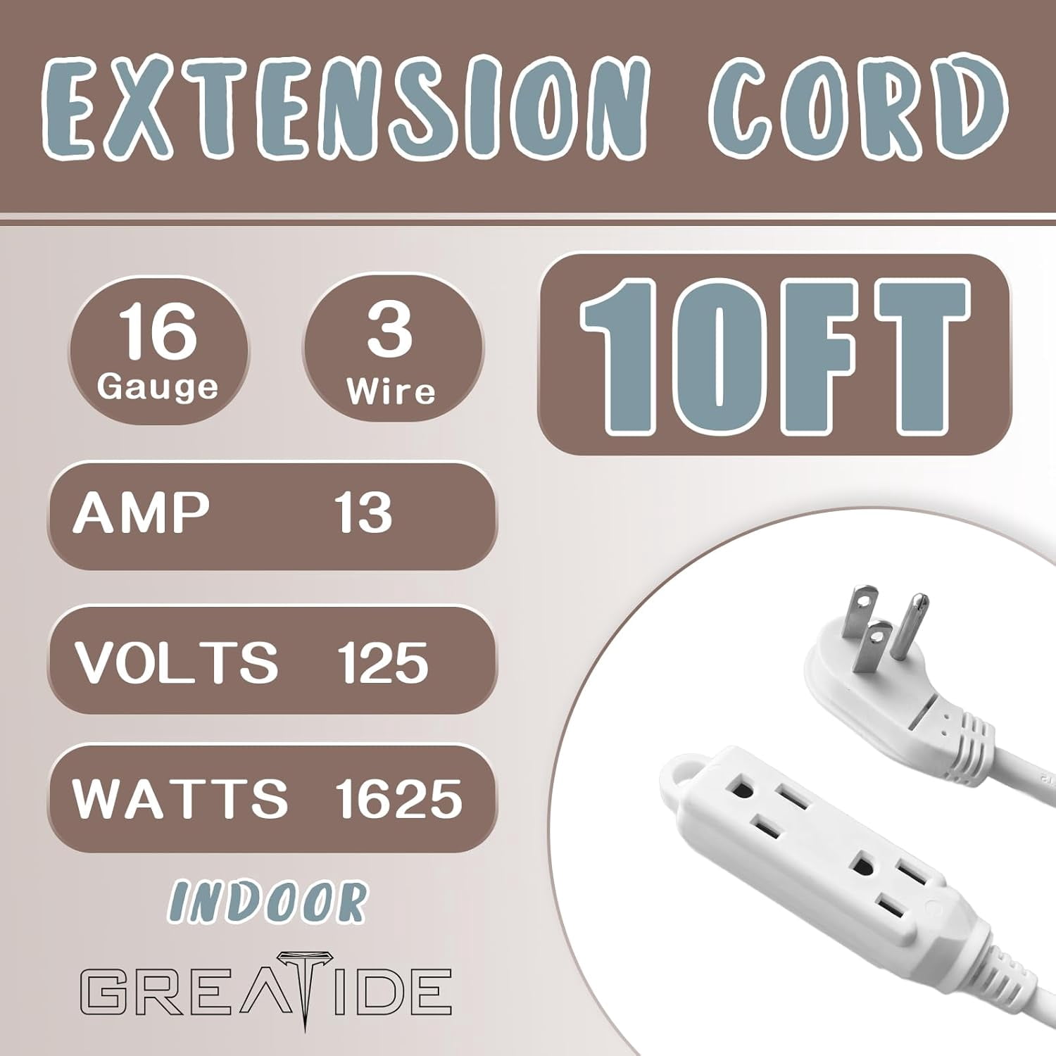 10 Ft Flat Plug Extension Cord，16/3 SJT Indoor Low Profile 3 Outlets Extension Cable with 45° Angled Flat Plug, Multiple Outlets Extension Cord, White