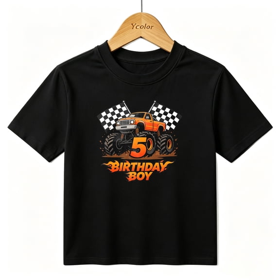 Boys Graphic T-Shirt Monster Truck 5th Birthday Boy Kids Tees 100% Cotton Short Sleeve Tops Ages 4-13Y