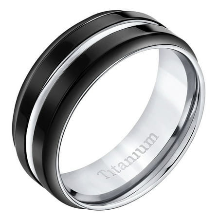Men's Black and Silver Comfort Fit Titanium Wedding Band Ring, 8mm