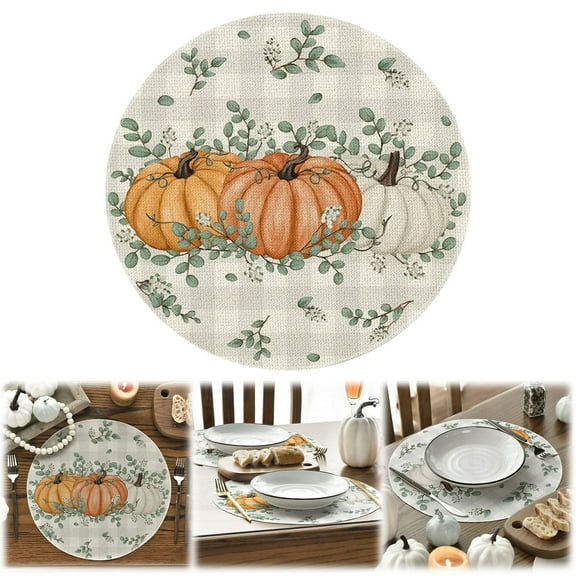 Pumpkin Eucalyptus Leaves Placemat, 14 inch Round Fall Placemats, Vintage Table Mats for Fall Thanksgiving Table Decor, Pumpkin Placemats Farmhouse Table Placemats for Party Kitchen Dining Decor, A