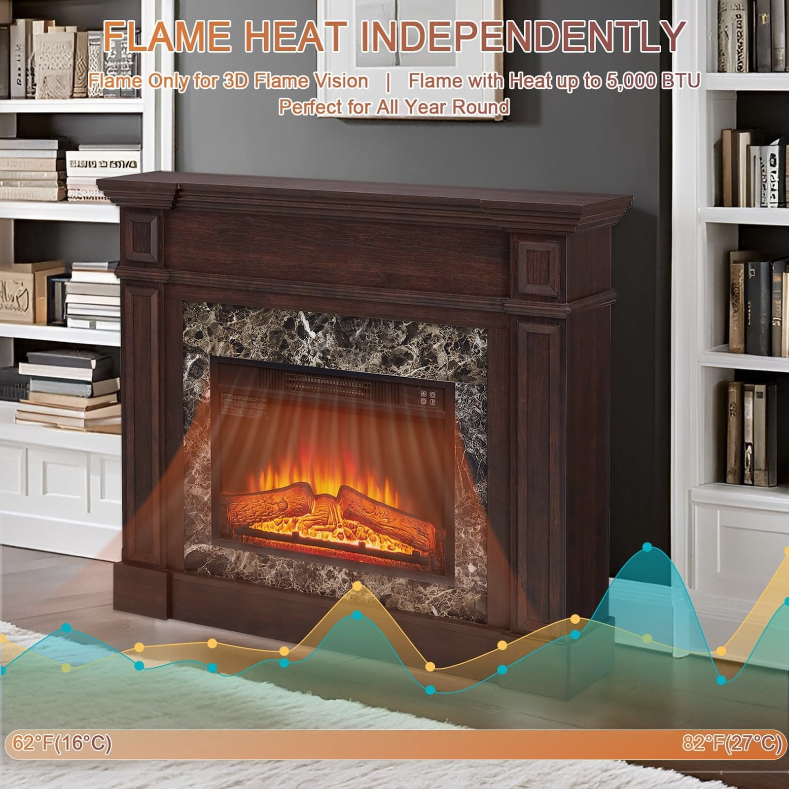 HZWDD 45" Electric Fireplace with Mantel, Fireplace Heater Freestanding, Realistic Stacked Stone Surround with Remote Control Timer LED Flame