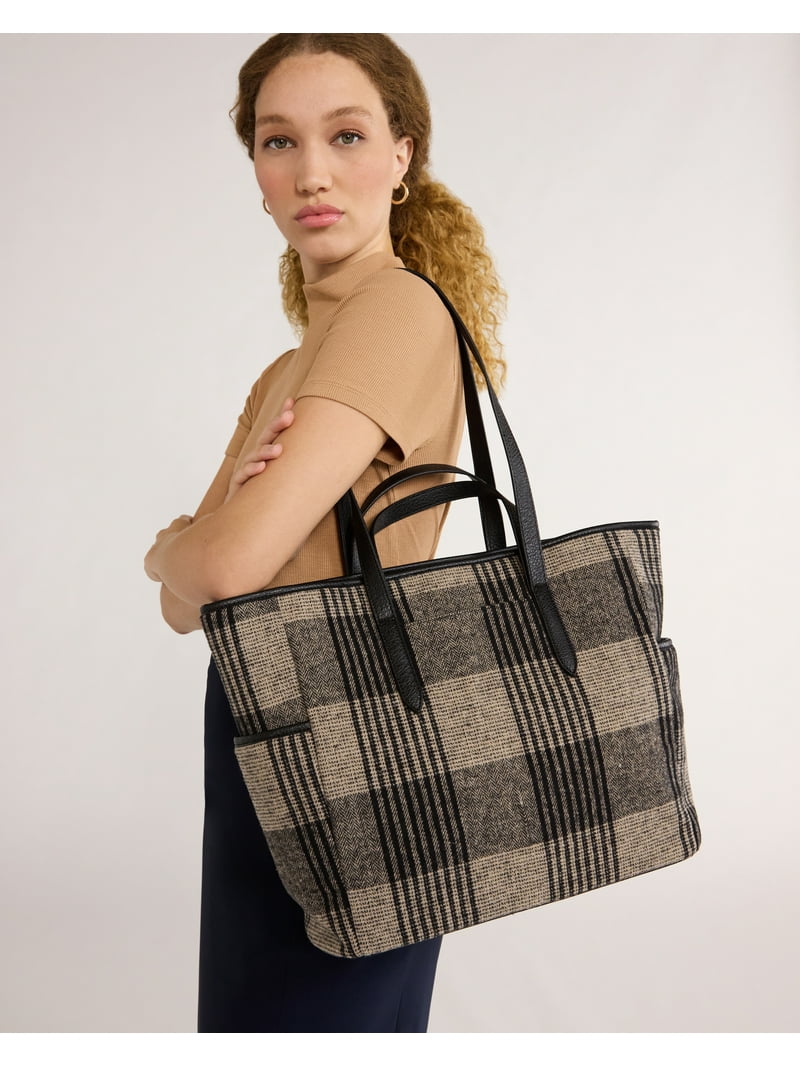 Time and Tru Women's Plaid Double Handle Large Tote Bag, Black