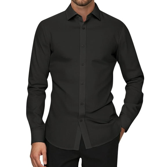 WTOBBY Men's Solid Business Shirt Long Sleeve Turn-Down Collar Slim Fit Casual Button Front Office Wear Cotton Blend Breathable Dress Top,Black L