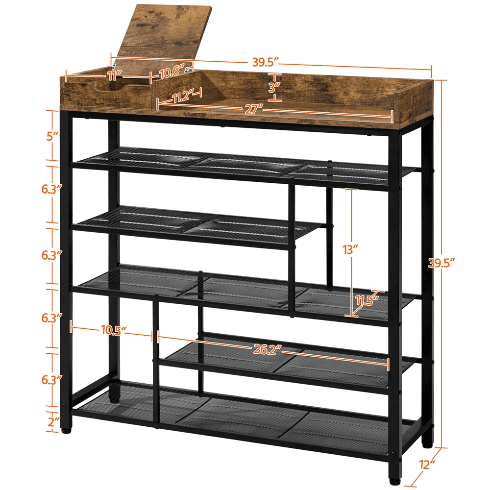 Alden Design 6-Tier Metal Shoes Rack Organizer with Wooden Top for Entryway, Rustic Brown
