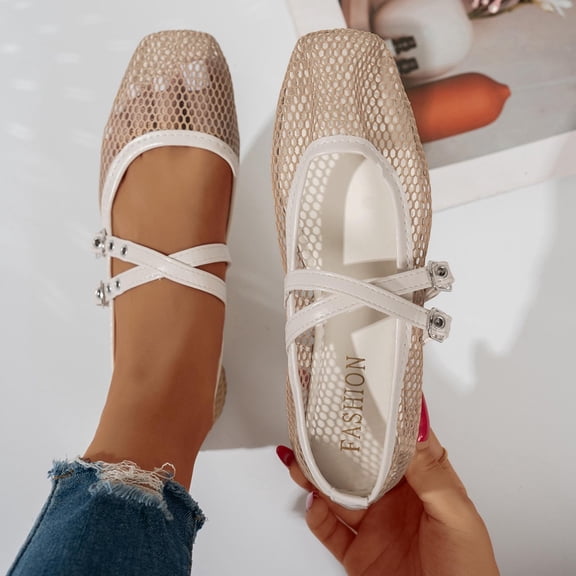 Aobny Flat Shoes Women Shoes Mesh Shoes Wedges Casual Shoes Wedge Shoes Beige Water-Resistant Square Toe Buckle Casual Shoes for Women,Size 37