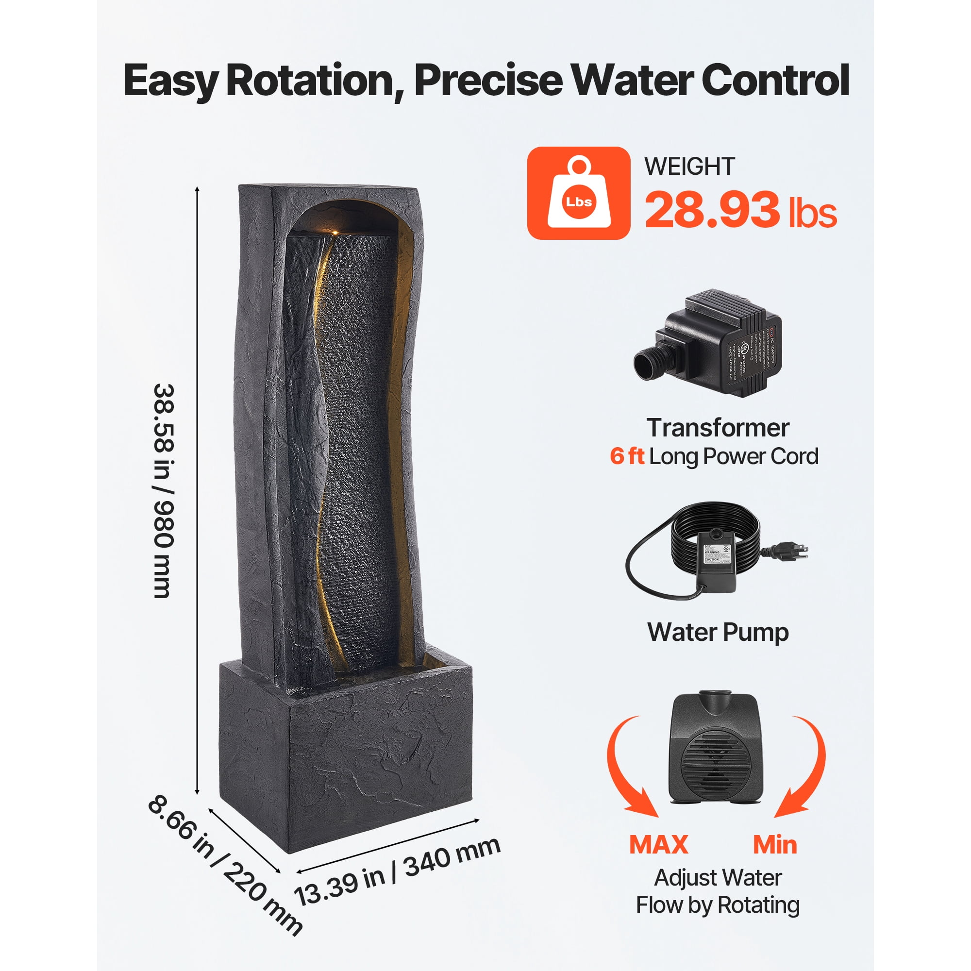 KFFKFF Outdoor Water Fountain, 38.58-Inch Tall with LED Light and Pump, 1-Tier Floor Standing Rock Base Design for Garden, Home, Patio, and Backyard Use