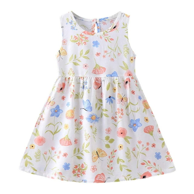 LUOGENLI Robe Robes pour Filles Robe d'Été à Fleurs Robe Sans Manches Robe Décontractée pour Enfants 1 7 Ans Robe Maxi pour Filles Été Beige Blanc 18-24 Mois