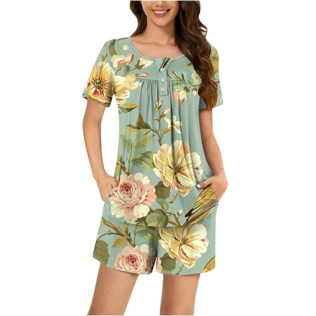 Jamicy Pyjama Confortable pour Femmes Ensemble Mode Décontracté Ample à Rayures Imprimées Col Rond Boutons Shorts Manches Courtes Ensemble de Pyjama Confortable pour Dames Vert