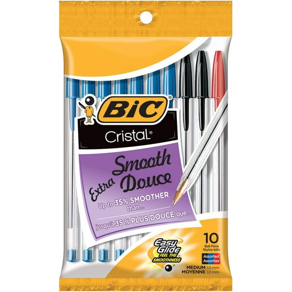 BIC Cristal Extra Smooth Assorted Ballpoint Pens, Medium Point (1.0mm), 10-Count Pack, Extra Smooth and Reliable Ballpoint Pens