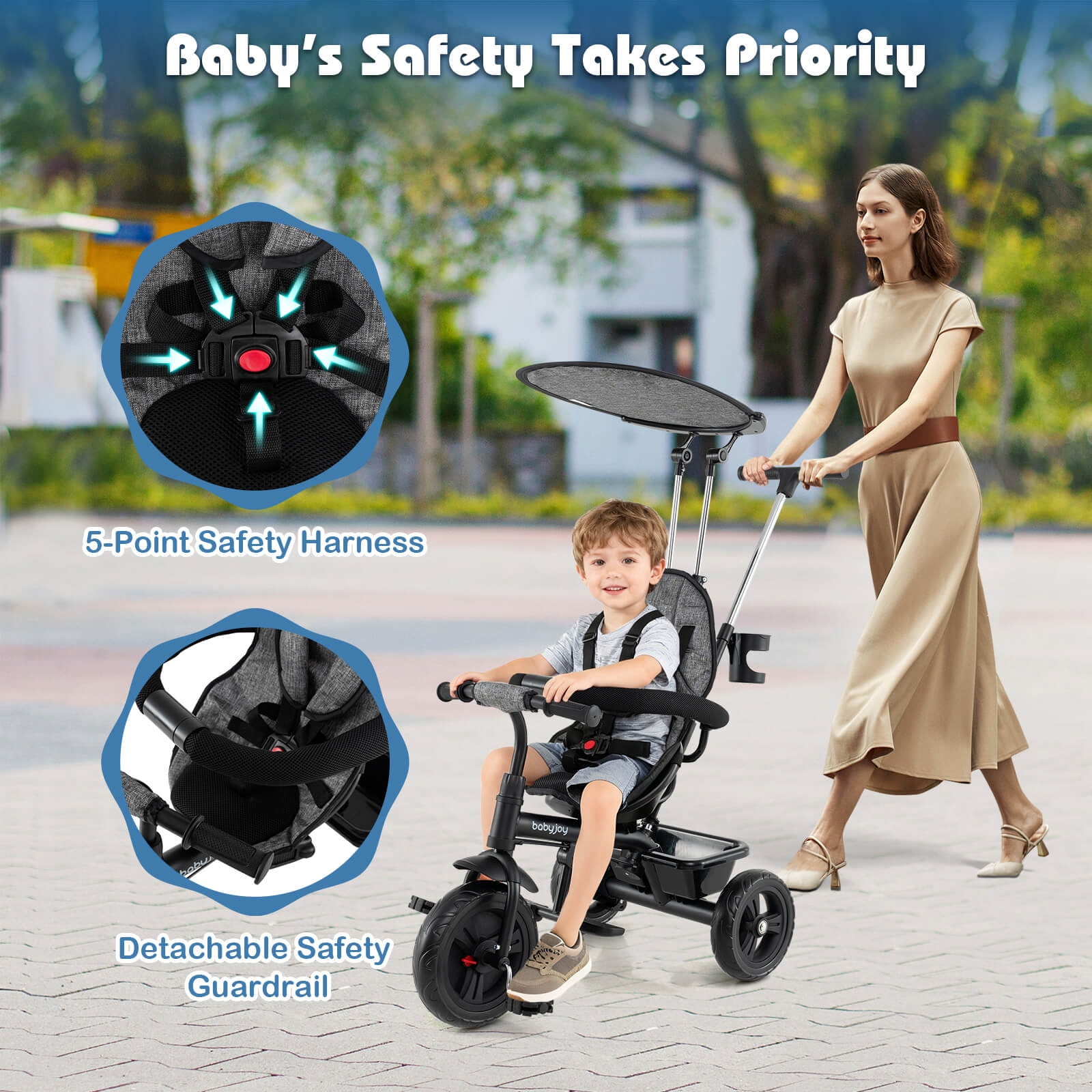 Costway Toddler Tricycle, 7 in 1 Push Trike with Adjustable Canopy Parent Push Handle Seat Gray