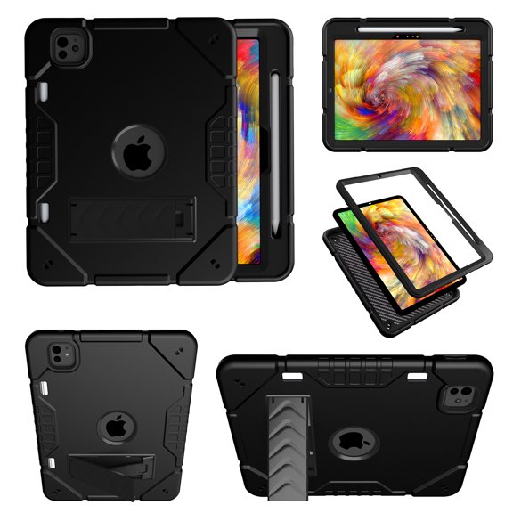 Dteck Case for New iPad Pro 11 inch 2024 (Model A2836, A2837, A3006), Heavy Duty Shockproof Rugged Tablet Protective Cover with Kickstand and Strap for Kids,Black