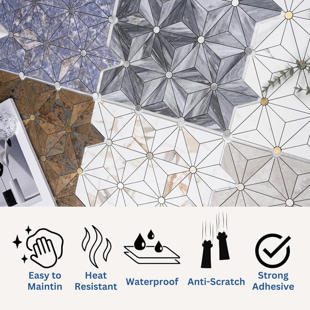 10-Sheet Peel And Stick Mosaic Tiles – Flower Star Pattern Marble Look, Waterproof, Heat Resistant, Anti-Scratch, For Kitchen Backsplash, Bathroom, Shower, Fireplace, DIY