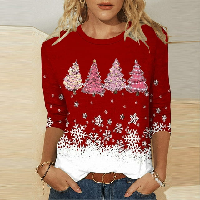 Puntoco Blusa de manga 3/4 con cuello redondo y estampado navideño para mujer