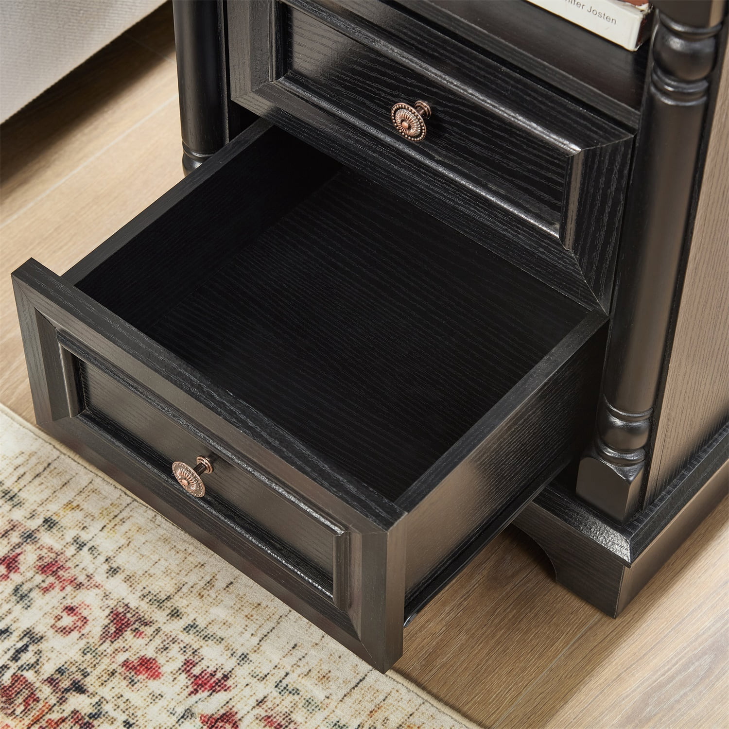 Hommoo Farmhouse Style 2-Drawer Side Table with Storage, Charging Pedestal & Roman Posts Decoration, Rustic Wood Square Nightstand Chest of Drawers for Living Room, Bedroom, Office, Black