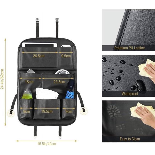 1 organizador de asiento de coche negro, protector de respaldo de asiento de coche, alfombrillas impermeables con mesa de comedor, múltiples bolsillos para almacenamiento de coche