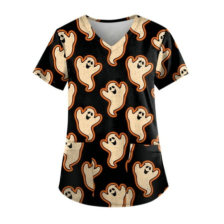 

Sksloeg Scrub Tops Women Stretchy Plus Size Pumpkin Witch Hat Print Scrub Tops V-Neck Halloween Day T Shirts Workwear Nurse Uniform Tee with Pockets Beige 3XL