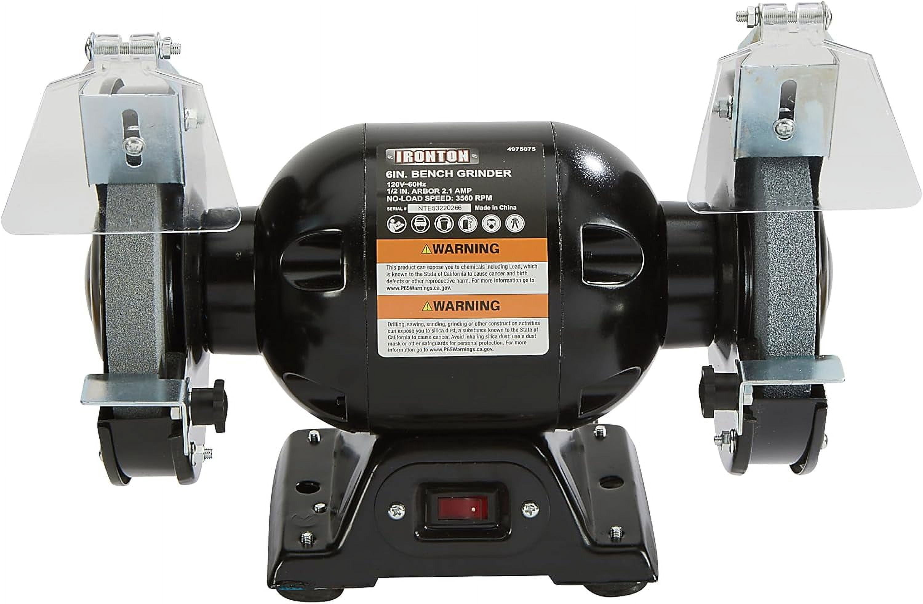 Ironton Benchtop Grinder, 6in. Wheels, 1/2 HP 2.1 Amp Motor, 3560 RPM, Model BG115-6L, for Grinding & Sharpening