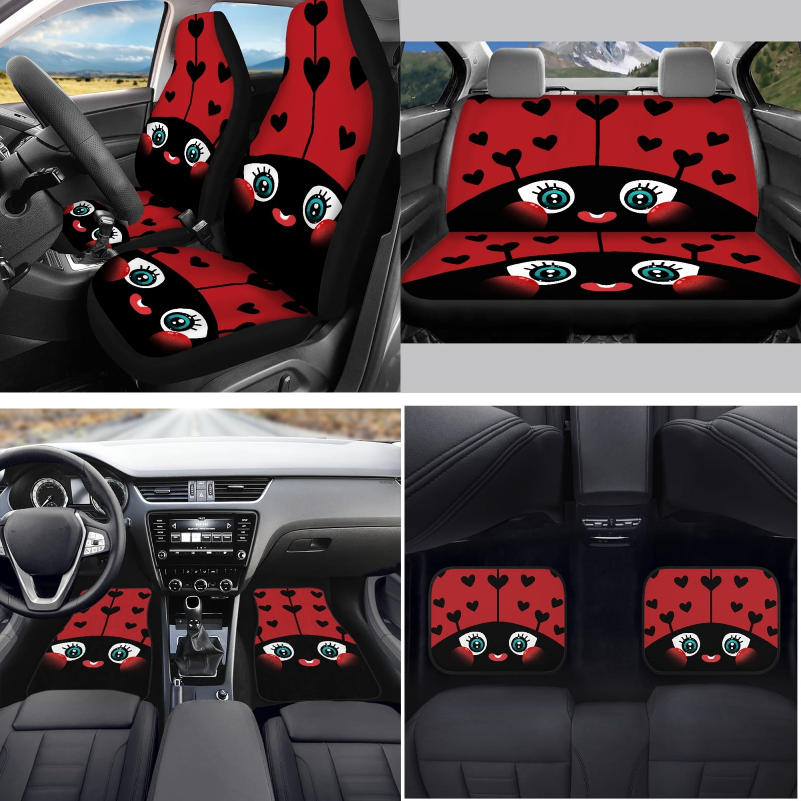 Yuyamidu Cute Ladybug Auto Seat Covers Full Set of 15 Red Car Carpet Mats Steering Wheel Cover Seat Belt Pads Cup Holder Handbrake Cover Gear Shift Cover
