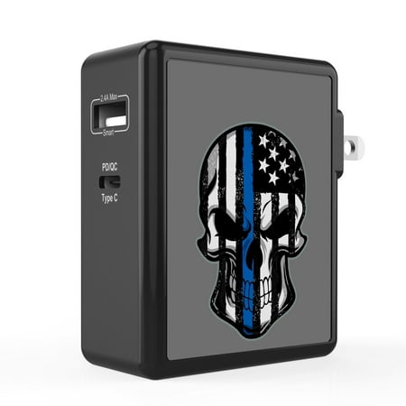 

Infuze 45W Wall Charger for REVVL V+ 5G (2-Ports: Power Delivery USB-C 2.4A USB-A) with Touchless Tool - Thin Blue Line Skull Flag