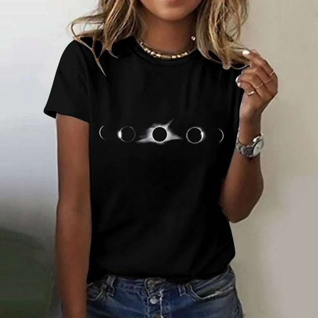 Hauts d'Été pour Femmes, Blouses Décontractées Élégantes 2024, T-Shirts à Imprimé Solaire, Col Rond, Manches Courtes, Noir