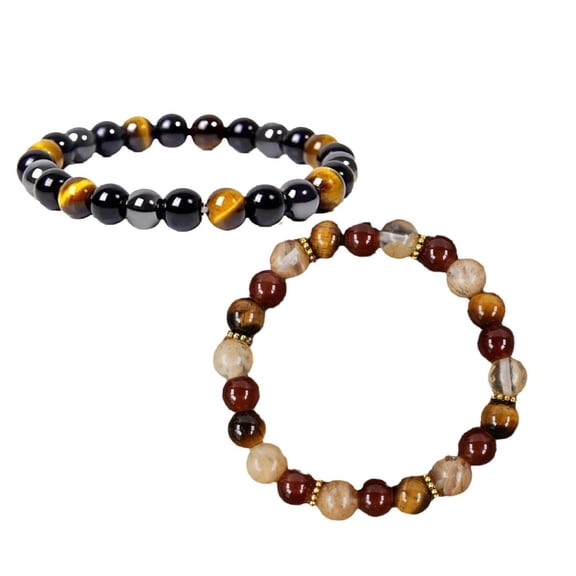 2 Pcs Tiger Eye Bracelet Set for Men Women, Red Stone Beaded Bracelets, Wealth Luck Energy Stretch Elastic Bangle, Unisex Adjustable Boho Jewelry, 7.9in