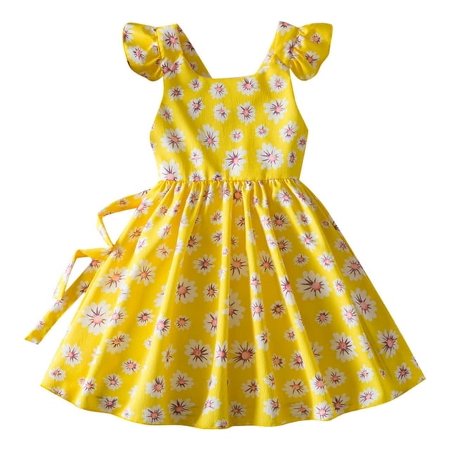 Cinvopg Robes pour Fillettes Manches Courtes à Volants Imprimé Floral Robes Décontractées Fluides Robe Graphique