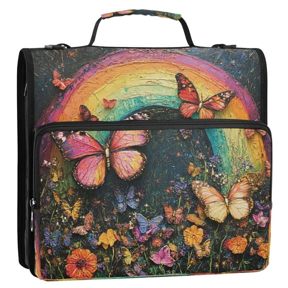 Circular Folder Package 13.6*3.5*12.4 Inches ,Binder Bag，Binder Organizer，Zipper Binder，3 Ring Binder ,Suitable for Work Rainbow Butterfly