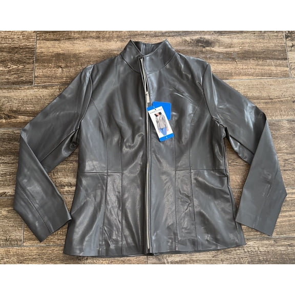 Kenneth Cole Women Faux Leather Stand Up Collar Zip Coat Jacket (Grey, Large)